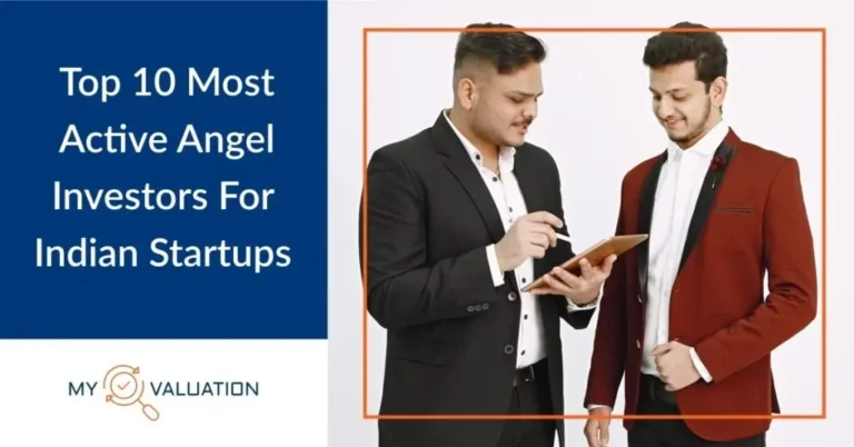 Top 10 Most Active Angel Investors For Indian Startups guide by My Valuation featuring business professionals engaged in investment pitch discussions representing angel funding ecosystem, seed capital deployment, and mentorship relationships in India's technology and startup sectors