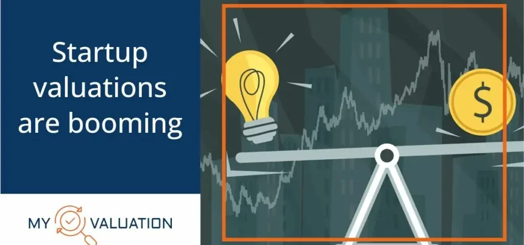 Startup Valuations Are Booming guide by My Valuation featuring balance scale weighing innovation represented by lightbulb against monetary value dollar coin with rising financial market charts demonstrating increased startup valuations, venture capital growth, and investor confidence in the startup ecosystem
