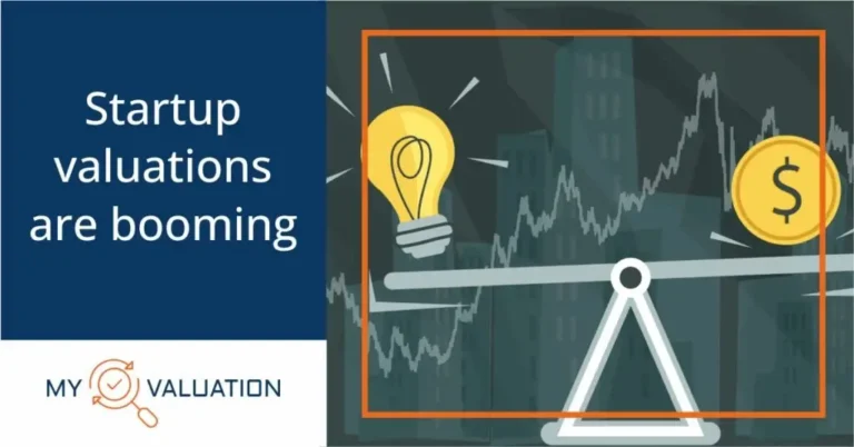 Startup Valuations Are Booming guide by My Valuation featuring balance scale weighing innovation represented by lightbulb against monetary value dollar coin with rising financial market charts demonstrating increased startup valuations, venture capital growth, and investor confidence in the startup ecosystem