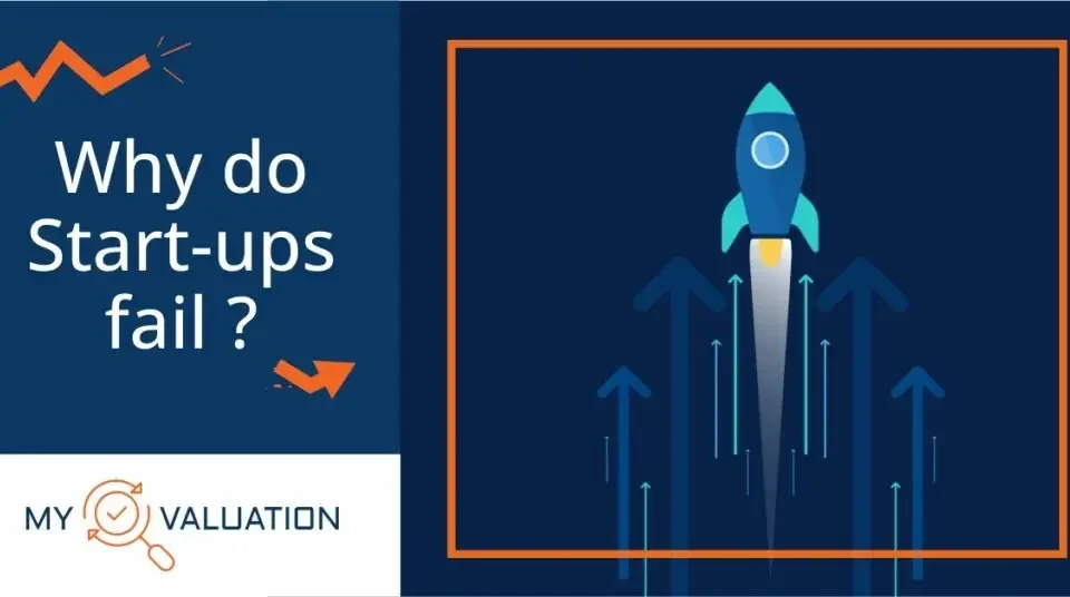 Why do Startups Fail guide by My Valuation featuring rocket launch with ascending arrows representing ambitions contrasted with declining trend line symbolizing startup failure factors including cash flow problems, market misalignment, poor valuation, and inadequate financial planning