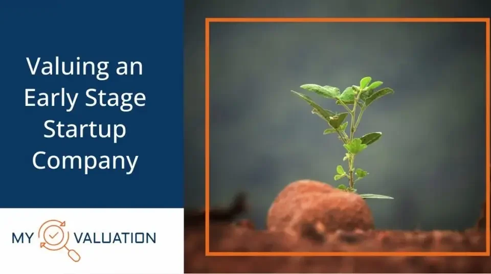 Valuing an Early Stage Startup Company guide by My Valuation featuring sprouting seedling representing nascent startup growth, pre-revenue valuation challenges, and seed funding potential requiring professional business valuation methods