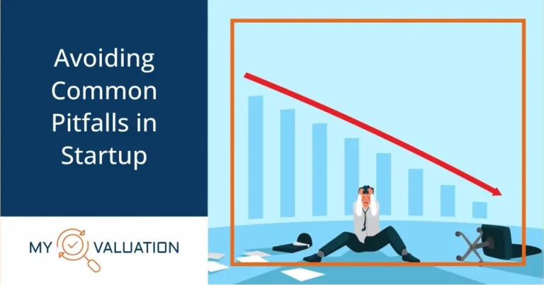 Avoiding Common Pitfalls in Startup guide by My Valuation featuring stressed entrepreneur with declining bar chart and downward red arrow representing startup failure risks and business challenges requiring professional valuation and advisory