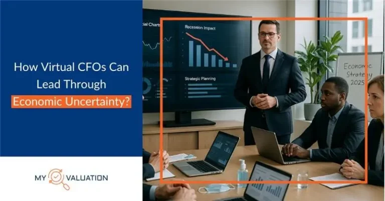 Virtual CFO leading business team through economic uncertainty by My Valuation - boardroom meeting with recession impact and strategic planning charts