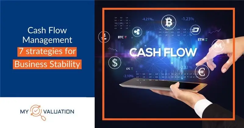 Cash Flow Management: 7 Strategies for Business Stability - professional banner by My Valuation featuring digital tablet with financial analytics, currency symbols including dollar, euro, and cryptocurrency, and business growth charts