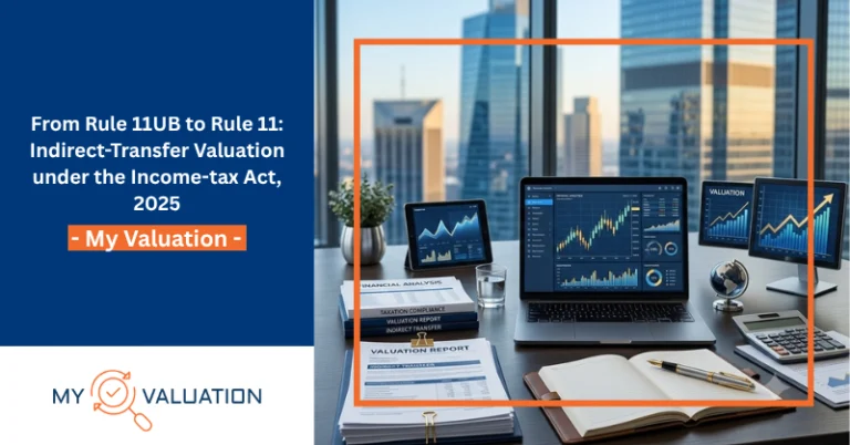 My Valuation guide on indirect-transfer valuation from Rule 11UB to Rule 11 under the Income-tax Act 2025 — financial workspace with valuation reports, financial analysis documents, taxation compliance papers, and multi-screen trading dashboards representing India cross-border valuation compliance