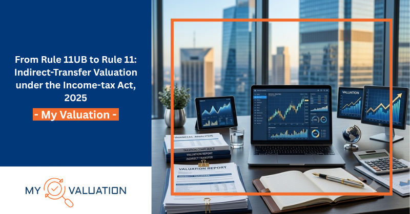 My Valuation guide on indirect-transfer valuation from Rule 11UB to Rule 11 under the Income-tax Act 2025 — financial workspace with valuation reports, financial analysis documents, taxation compliance papers, and multi-screen trading dashboards representing India cross-border valuation compliance