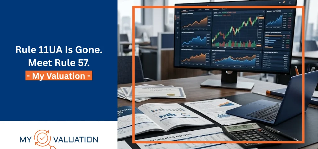 My Valuation guide on Rule 11UA being replaced by Rule 57 — financial workspace with equity valuation analysis reports, market cap dashboards, and multi-screen stock trading displays representing India's updated share valuation framework under the Income-tax Act