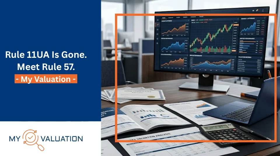 My Valuation guide on Rule 11UA being replaced by Rule 57 — financial workspace with equity valuation analysis reports, market cap dashboards, and multi-screen stock trading displays representing India's updated share valuation framework under the Income-tax Act